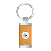 Ford Mustang Tri-Bar Roundel Logo in White on Maple Wood Chrome Metal Trim Key Chain