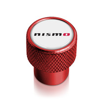 Nissan NISMO in White on Red Aluminum Tire Valve Stem Caps