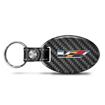 Cadillac V Logo Black Real Carbon Fiber Oval Shape with Black Leather Strap Key Chain