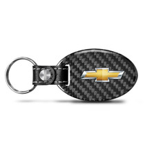 Chevrolet Golden Logo Black Real Carbon Fiber Oval Shape with Black Leather Strap Key Chain