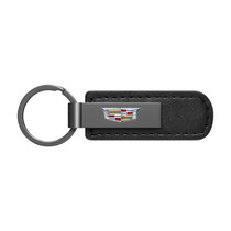 Cadillac Crest Logo Black Chrome Metal Plate Black PU Leather Key Chain