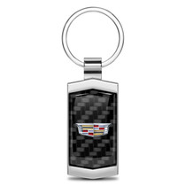 Cadillac Crest Logo Real Black Carbon Fiber Chrome Metal Case Key Chain