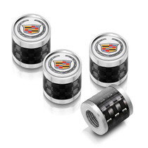 Cadillac Logo in White on Real Carbon Fiber Barrel Silver Aluminum Tire Valve Stem Caps