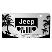 Jeep Grill Logo on Beach Ocean Palm Trees Graphic Silver Aluminum License Plate
