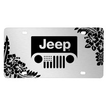 Jeep Grill Logo on Hawaii Flower Graphic Brush Silver Aluminum License Plate