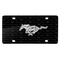 Ford Mustang 3D Chrome Pony Logo on Logo Pattern Black Aluminum License Plate