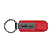 Dodge Charger Classic Red PU Leather Strap Gunmetal Gray Metal Bar LED Printed Logo Key Chain