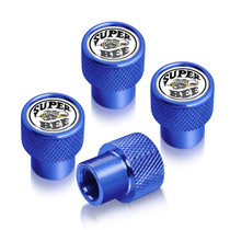 Dodge Supper-Bee in White on Blue Premium Anodized Aluminum Tire Valve Stem Caps - Set of 4