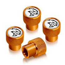 Dodge SRT Hellcat in White on Golden Premium Anodized Aluminum Tire Valve Stem Caps - Set of 4