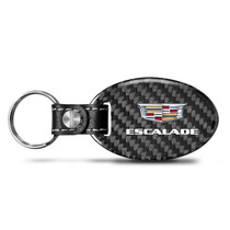 Cadillac Escalade Logo Black Real Carbon Fiber Oval Shape with Black Leather Strap Key Chain