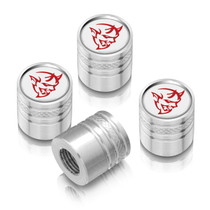 Dodge Demon Red Logo in White on Shining Silver Cylinder-Style Premium Anodized Aluminum Tire Valve Stem Caps - Set of 4