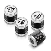 Dodge Demon in White on Real Carbon Fiber Barrel Silver Premium Anodized Aluminum Tire Valve Stem Caps - Set of 4