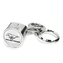 Ford Mustang Logo in White Chrome Engine Piston and Rod Metal Key Chain