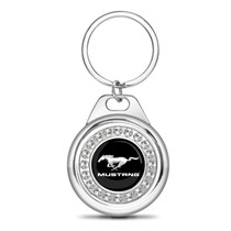 Ford Mustang Crystal Rhinestone Roundel Chrome Metal Key Chain with Real Carbon Fiber Backing