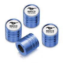 Ford Mustang 50 Years in White on Blue Cylinder Style Aluminum Tire Valve Stem Caps