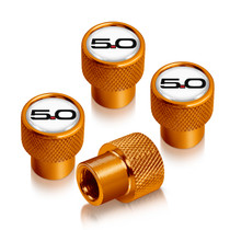 Ford Mustang 5.0 in White on Golden Easy-Grip Aluminum Tire Valve Stem Caps