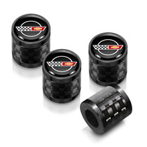 Chevrolet Corvette C4 Logo in Black on Real Carbon Fiber Barrel Black Premium Anodized Aluminum Tire Valve Stem Caps - Set of 4