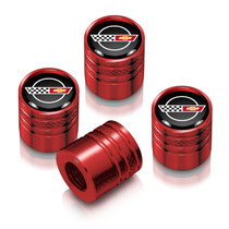 Chevrolet Corvette C4 Logo in Black on Red Cylinder-Style Premium Anodized Aluminum Tire Valve Stem Caps - Set of 4