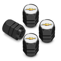 Chevrolet Golden Logo in White on Black Hexagon Shape Premium Anodized Aluminum Tire Valve Stem Caps - Set of 4