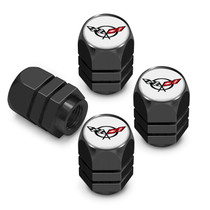 Chevrolet Corvette C5 Logo in White on Black Hexagon Shape Premium Anodized Aluminum Tire Valve Stem Caps - Set of 4