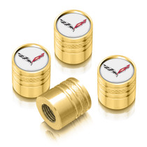 Chevrolet Corvette C7 Logo in White on Golden Cylinder-Style Premium Anodized Aluminum Tire Valve Stem Caps - Set of 4
