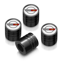 Chevrolet Corvette C5 Logo in White on Black Cylinder-Style Premium Anodized Aluminum Tire Valve Stem Caps - Set of 4