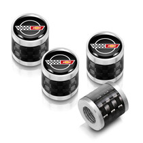 Chevrolet Corvette C4 Logo in Black on Real Carbon Fiber Barrel Silver Premium Anodized Aluminum Tire Valve Stem Caps - Set of 4