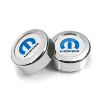 Mopar in White Dome Logo on Chrome two ABS Plastic License Plate Frame Screw Cover Set Jeep