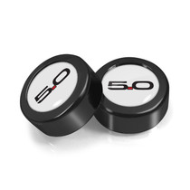 Ford Mustang 5.0 in White on Black two ABS Plastic License Plate Frame Screw Cover Set