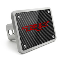 RAM 1500 TRX in Red 3D Logo on Carbon Fiber Look Rectangular Brushed Silver Billet Aluminum 2 inch Tow Hitch Cover