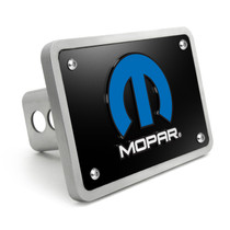 Mopar 3D Logo on Black Plate Rectangular Brushed Silver Billet Aluminum 2 inch Tow Hitch Cover