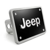 Jeep 3D Logo on Black Plate Rectangular Brushed Silver Billet Aluminum 2 inch Tow Hitch Cover