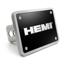 HEMI 3D Logo on Black Plate Rectangular Brushed Silver Billet Aluminum 2 inch Tow Hitch Cover