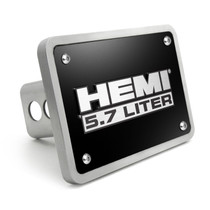 HEMI 5.7 Liter 3D Logo on Black Plate Rectangular Brushed Silver Billet Aluminum 2 inch Tow Hitch Cover