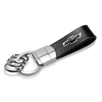 Chevrolet Black Logo Black Genuine Leather Strap Chrome Round Hook Metal Key Chain