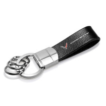 Chevrolet Corvette C8 Black Genuine Leather Strap Chrome Round Hook Metal Key Chain
