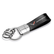 Chevrolet Corvette C7 Black Genuine Leather Strap Chrome Round Hook Metal Key Chain