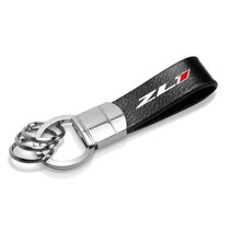 Chevrolet Camaro ZL1 Black Genuine Leather Strap Chrome Round Hook Metal Key Chain