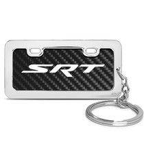 Dodge SRT Logo Black Real Carbon Fiber Mini Chrome Metal License Frame Style Key Chain