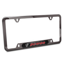 Dodge Demon in Red UV-LED Printed on Real Carbon Fiber Dome Insert Gunmetal Black Stainless Steel License Plate Frame