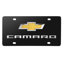 Chevrolet Camaro Gold Bowtie 3D Dual Logo Black Stainless Steel License Plate