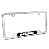 HEMI Logo UV-LED Printed on Black Dome Chrome Stainless Steel License Plate Frame