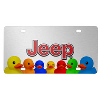 Jeep 3D Logo in Red on Rubber Ducks Graphic Shiny Silver Metal License Plate