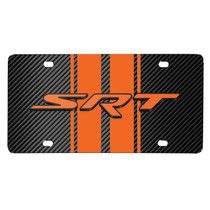 Dodge SRT 3D Logo in Orange on Orange Stripe Black Carbon Fiber Look Stainless Steel License Plate