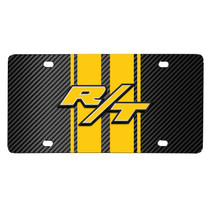 Dodge R/T 3D Logo in Yellow on Yellow Stripe Black Carbon Fiber Look Stainless Steel License Plate
