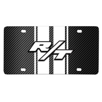 Dodge R/T 3D Logo in White on White Stripe Black Carbon Fiber Look Stainless Steel License Plate