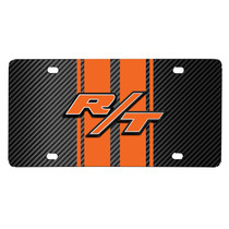 Dodge R/T 3D Logo in Orange on Orange Stripe Black Carbon Fiber Look Stainless Steel License Plate