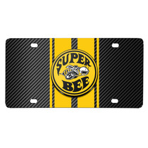 Dodge Super Bee 3D Logo in Yellow on Yellow Stripe Black Carbon Fiber Look Stainless Steel License Plate