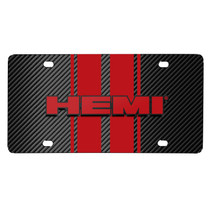 Dodge HEMI 3D Logo in Red on Red Stripe Black Carbon Fiber Look Stainless Steel License Plate