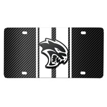 Dodge Hellcat 3D Logo in White on White Stripe Black Carbon Fiber Look Stainless Steel License Plate
